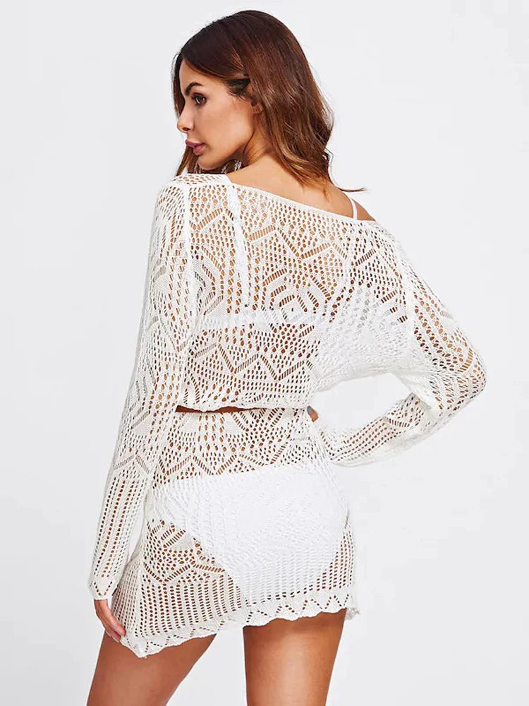 Summer Sexy Lace Crochet Beach Dress Women White See-Through Swimwear Swimsuit Cover-Up Mini Dresses