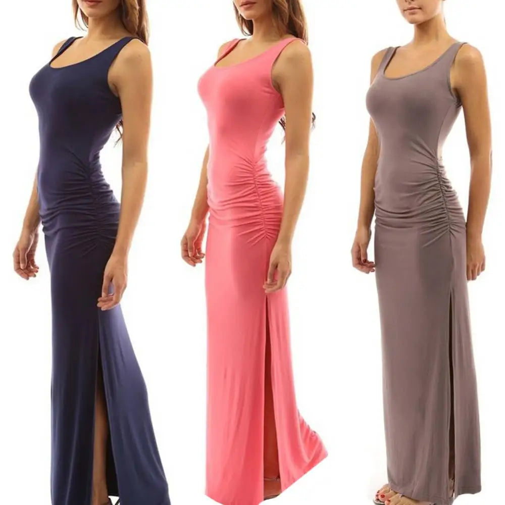 Hot Sales Solid Color Women Scoop Neck Sleeveless Summer Maxi Side Split Ruched Long Dress