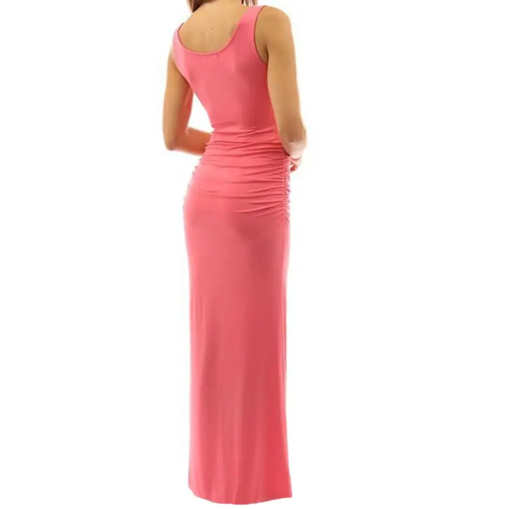 Hot Sales Solid Color Women Scoop Neck Sleeveless Summer Maxi Side Split Ruched Long Dress